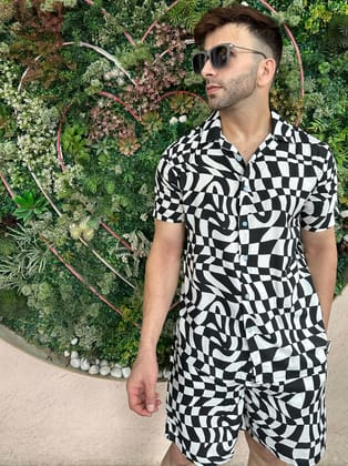 White / Black Abstract Rayon Co-Ord - M