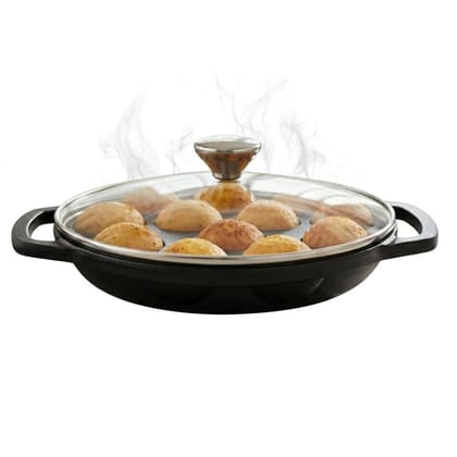 Trilonium Triple Seasoned Cast Iron 12 Pits Paniyaram Pan 8 inches with Glass lid