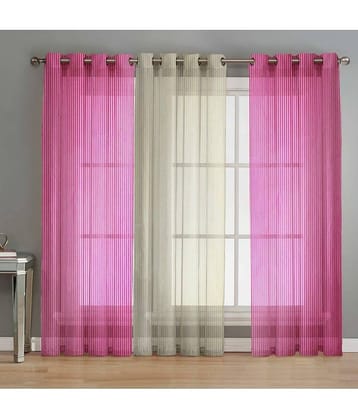 BELLA TRUE Vertical Striped Sheer Eyelet Curtain 7 ft ( Pack of 3 )  Pink