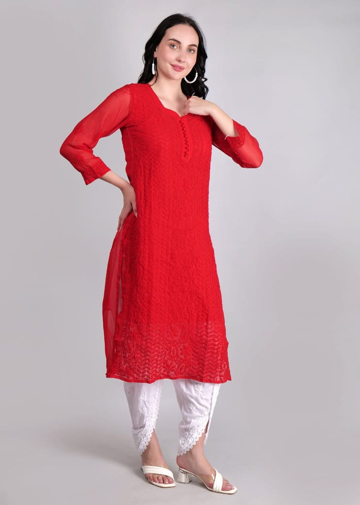 Geogette Hand Embroidered Calf length Chikankari Red Kurta