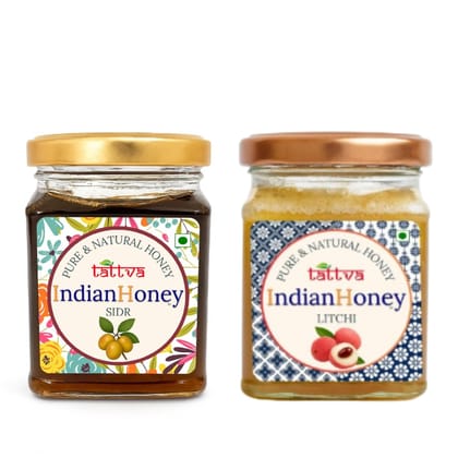 IndianHoney Premium & Highly Medicinal Sidr Honey & Buttery & Cognitive-Boosting Litchi Honey Combo Pack (230gm & 230gm)
