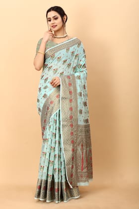 Yavira silk Women's Blue Handwoven Chanderi Saree