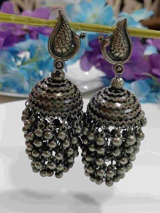 Silver Oxidised Peacock Design Jhumka Earring- OXDER 4221