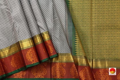 Grey Jacquard Kanchipuram Silk Saree Maroon Korvai Border Handwoven Pure Silk Pure Zari For Weddings - PV J 7026