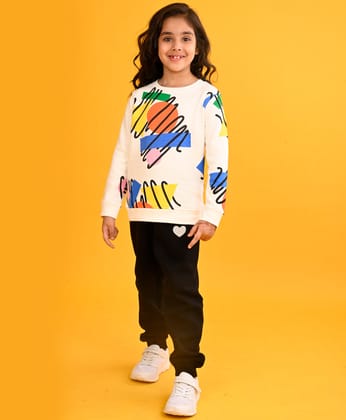 SHAPES PRINT GIRLS SWEATSHIRT BLACK HEART FLEECE JOGGER SET - WHITE/BLACK-0-6 MONTHS / 2N / WHITE/BLACK