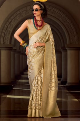 Beige Woven Tissue Silk Saree