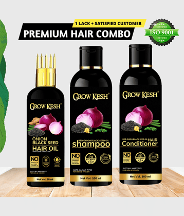 Growkesh Onion Hair Oil for Hair Regrowth and Hair Fall Control with Blackseed with Comb Applicator + Red Onion Shampoo and Conditioner for Anti-dundruff (Onion Hair oil,60ml + Onion Shampoo,100ml+Onion Conditioner,100ml)