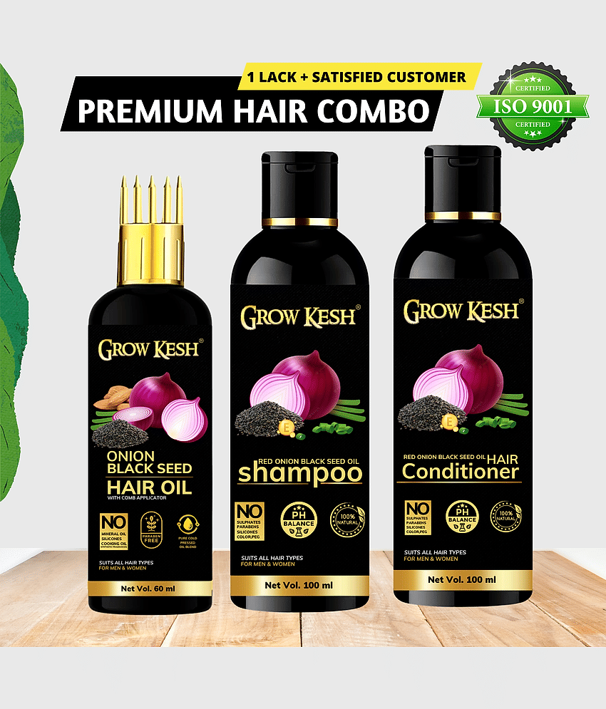 Growkesh Onion Hair Oil for Hair Regrowth and Hair Fall Control with Blackseed with Comb Applicator + Red Onion Shampoo and Conditioner for Anti-dundruff (Onion Hair oil,60ml + Onion Shampoo,100ml+Onion Conditioner,100ml)