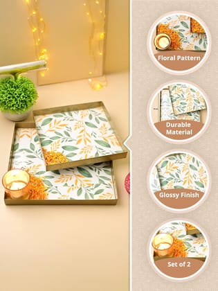 VON CASA Golden Square Shape Floral Tray set of 2