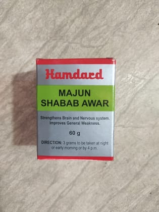 Hamdard Majun Shabab awar Strengthens brain and nervous system. Improves general weakness. 60 g Direction: 3 grams to be taken at night 