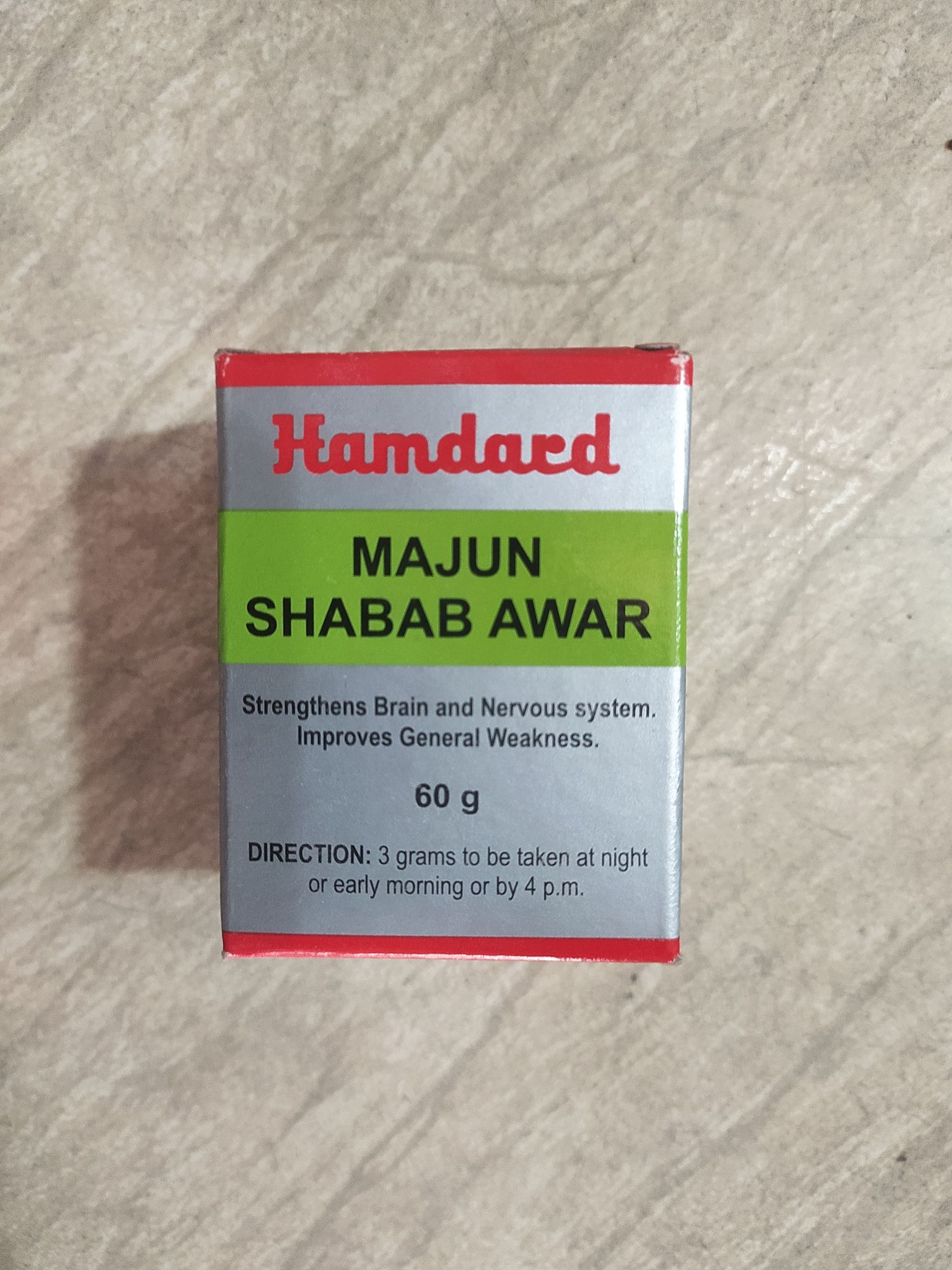 Hamdard Majun Shabab awar Strengthens brain and nervous system. Improves general weakness. 60 g Direction: 3 grams to be taken at night 