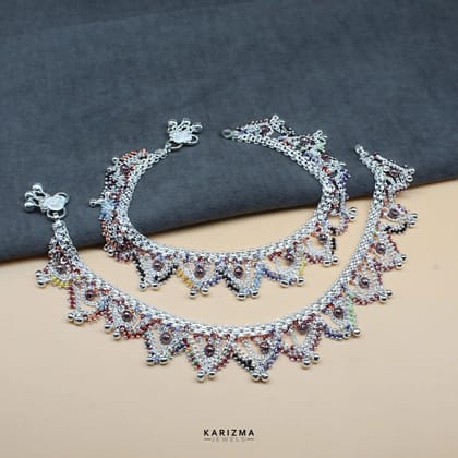Bridle style Real Silver Multi Beads Indian women jhallar Anklets Ankle Pair 10.5"