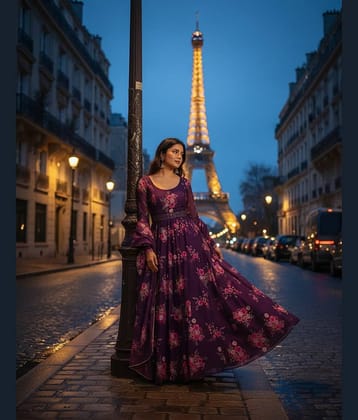 Femvy Women Crepe Printed Anarkali Kurti with Dupatta ( Wine )