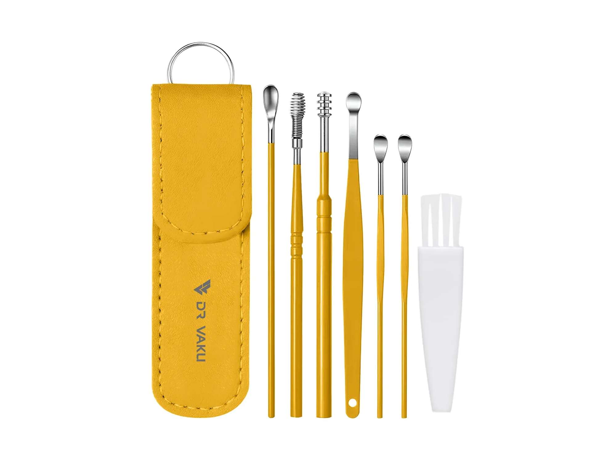 Dr Vaku  Reusable EarWax Removal Cleaning Tool Kit (Set of 7) Stainless Steel With Storage Case - Yellow