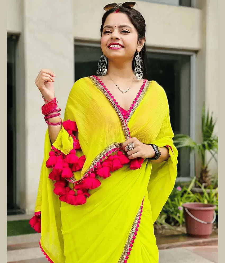 DIKONA DESIGNER Georgette Embroidered Saree With Unstitched Blouse Piece ( Lime Green )
