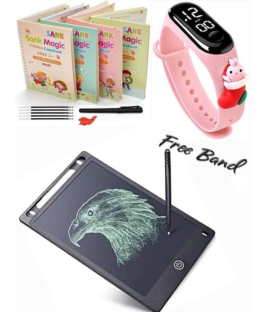 Combo Of 3 Pack - Sank Magic Practice Copy book & LCD Writing Tablet slate & LED Taddy Band Watch Digitel Multicolor By Unico Traders