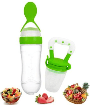 CHILD CHIC Baby safe Silicone squeeze Fresh Food Feeder Bottle with Food Dispensing Spoon, Infant Food Nibbler // Paciffier fruit feeder combo gift pack