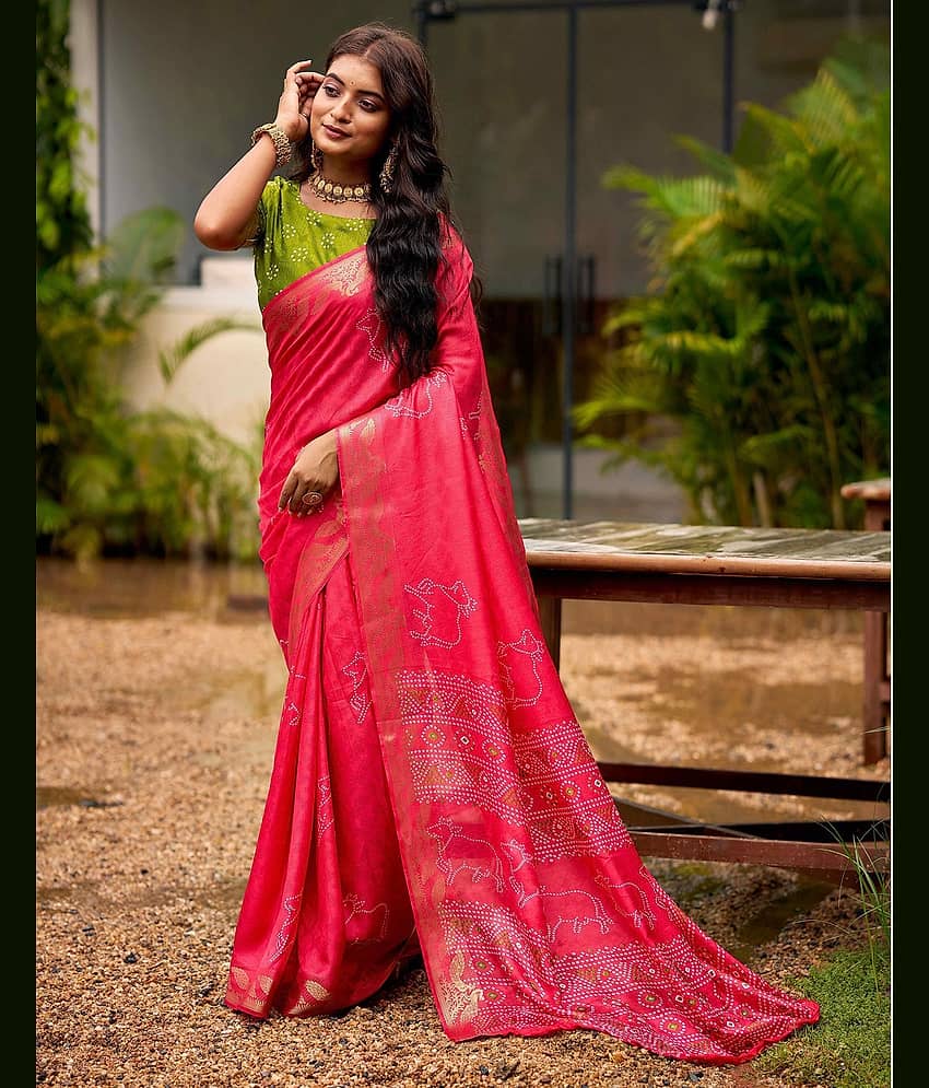 Samah Silk Blend Printed Bandhani Sarees With Unstitched Blouse Piece ( Pink )