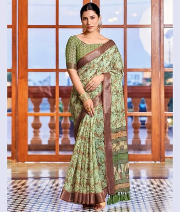 Satrani Linen Printed Saree With Unstitched Blouse Piece ( Grey )