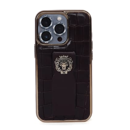 iPhone Series Dark Brown Mobile Cover Golden Rim Finger strap cum Stand Croco Textured Leather with Metal Lion Logo-15ProMax