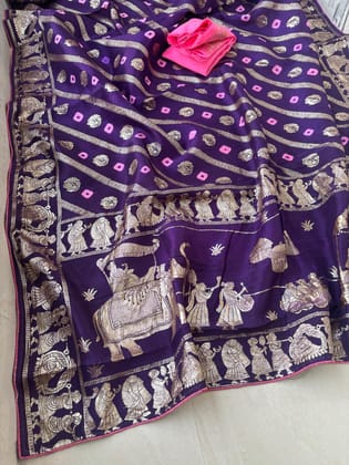 Pure dola silk fabric with beautiful dol zari  zari all over and hand bandej   zari havvy contrast bp suppr Saree