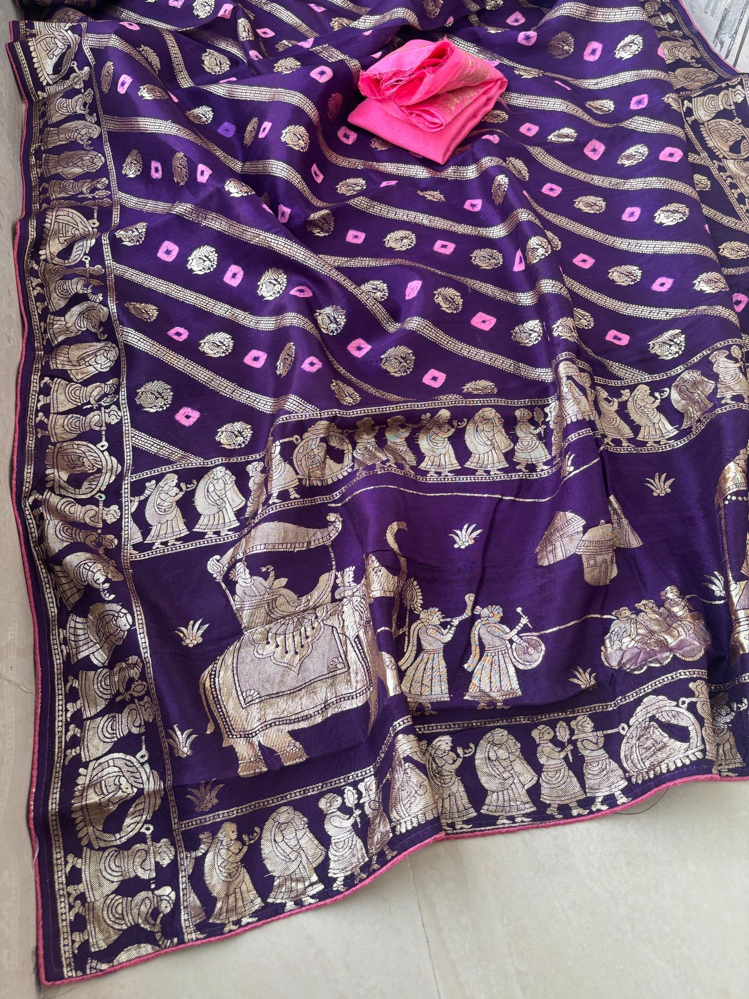 Pure dola silk fabric with beautiful dol zari  zari all over and hand bandej   zari havvy contrast bp suppr Saree