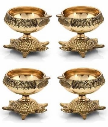 Fashion Bizz Pure Brass Deepak On Stand Diyas Table Diya Set - 10 cm, Pack of 4