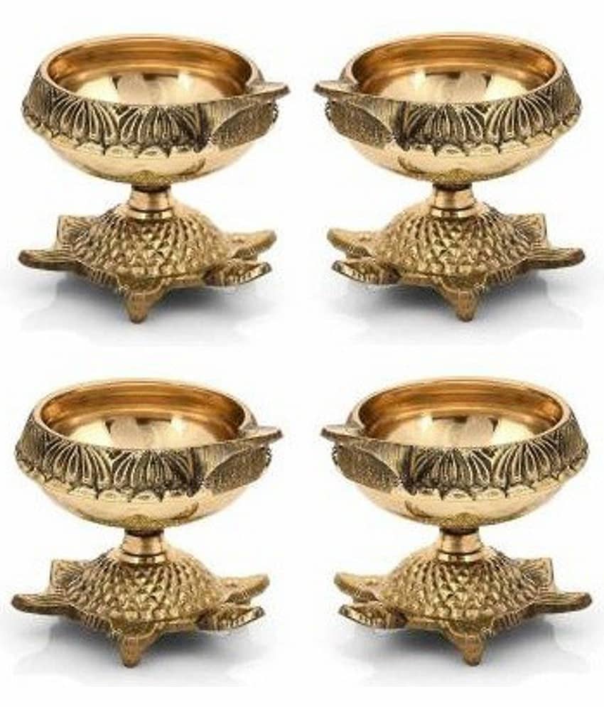 Fashion Bizz Pure Brass Deepak On Stand Diyas Table Diya Set - 10 cm, Pack of 4
