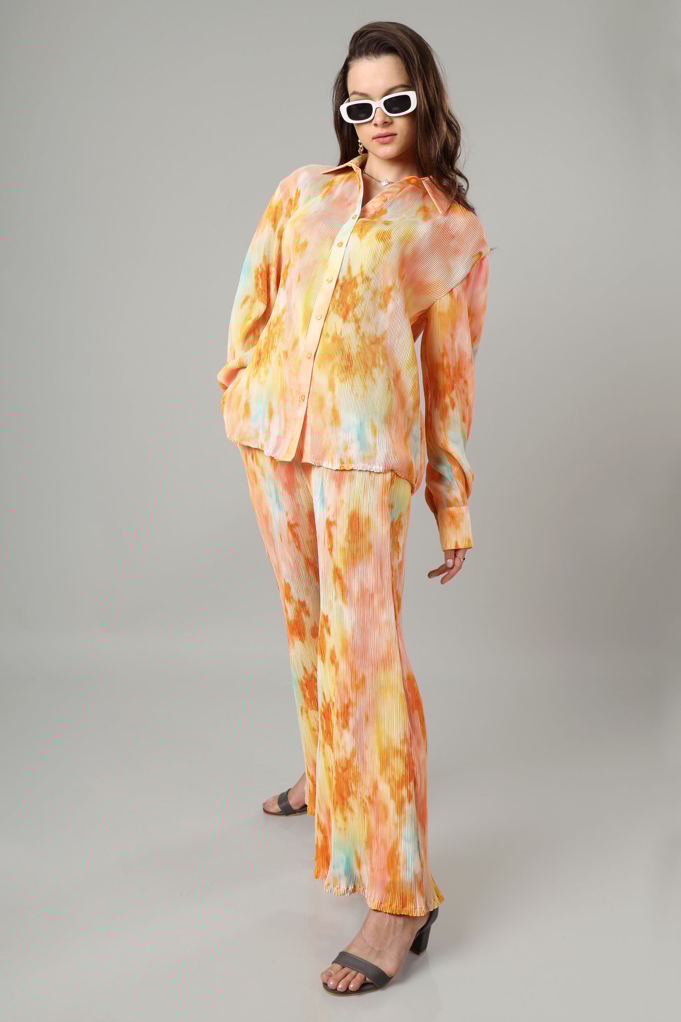 Bestselling Tye Dye Pleated Co-Ord Set For Women-XXS / Apricot Orange / SH040-DPLZ01/FAB320396 -2.5-NILL-NILL-NILL-NILL-THR03-FS01-NILL-BT053-12-NILL-NILL||BT05-FAB3200396-2.5-PLCR005-2.5-NILL-NI