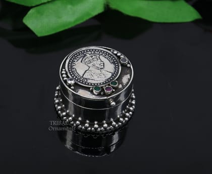 925 sterling silver unique design George v king emperor coin trinket box, kajal eyeliner box, Sindur box brides gift silver box stb751