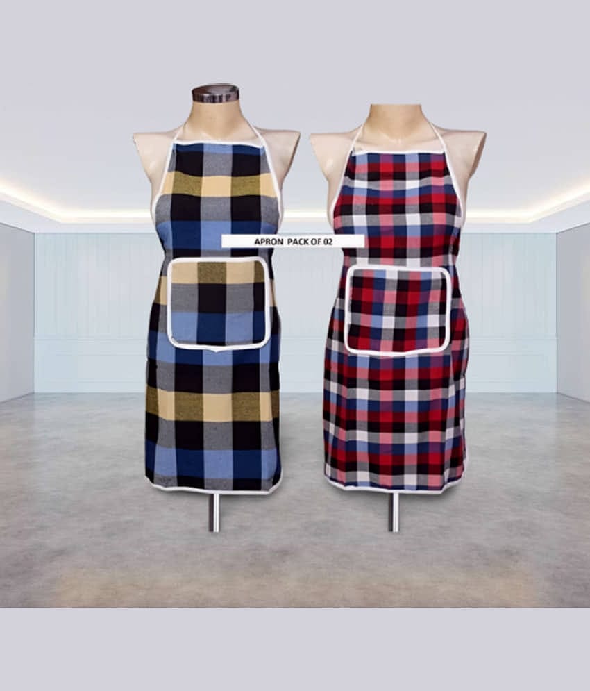 CreadCraft Cotton Checks Kitchen Apron with 1 Center Pocket ( Pack of 2 )