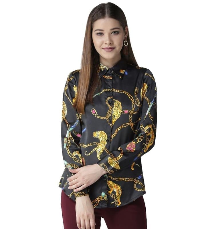 Women's Satin Printed Long Sleeves Standard Length Shirt (Black - Gold, S)-PID55834