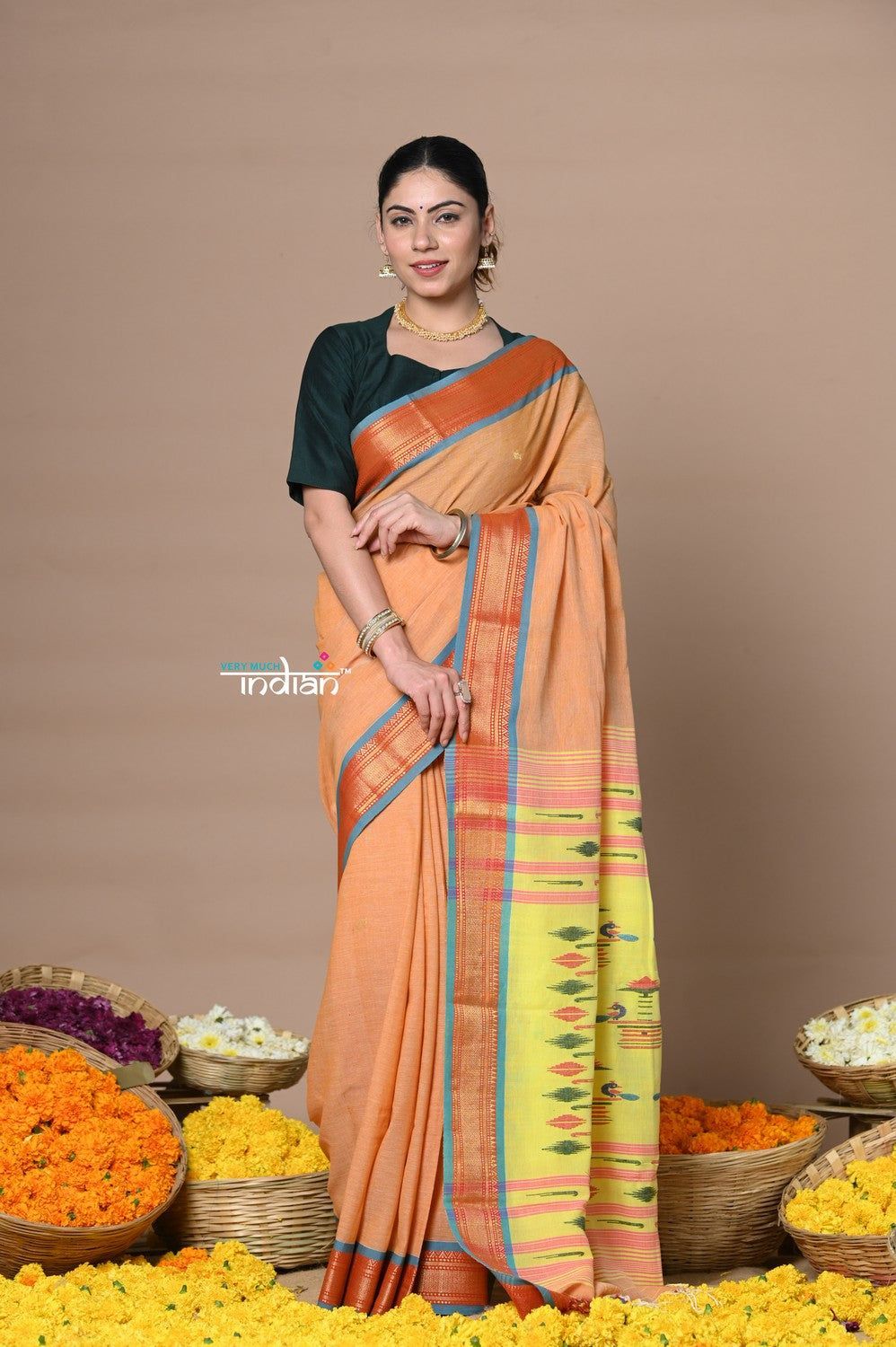 Rajsi~ Handloom Pure Cotton Paithani Without Zari and Most Traditional Double Pallu~ Orange
