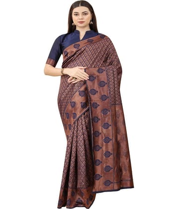 NENCY FASHION Banarasi Silk Embellished Saree With Unstitched Blouse Piece ( Navy Blue )