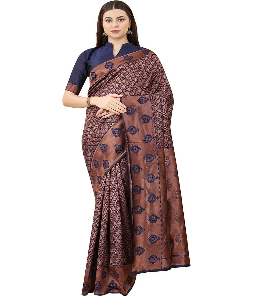 NENCY FASHION Banarasi Silk Embellished Saree With Unstitched Blouse Piece ( Navy Blue )