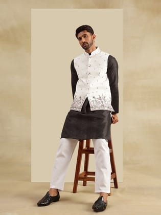 Men's Silk Blend Black Kurta & White Pyjama With Daman Embroidered Cream Nehru Jacket-36