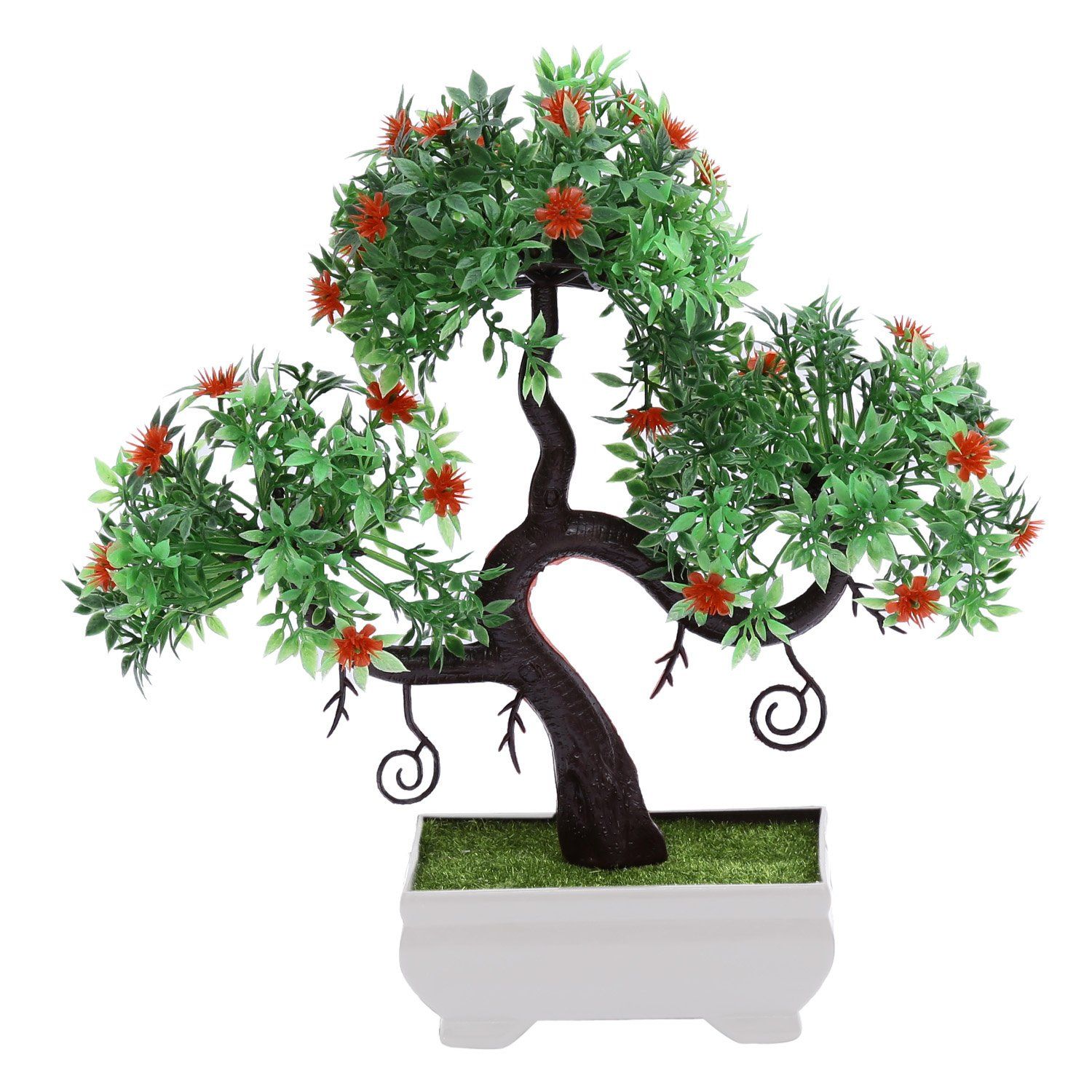 FOLIYAJ S Shaped Artificial Bonsai Tree with Small Green Leaves and Red Flowers