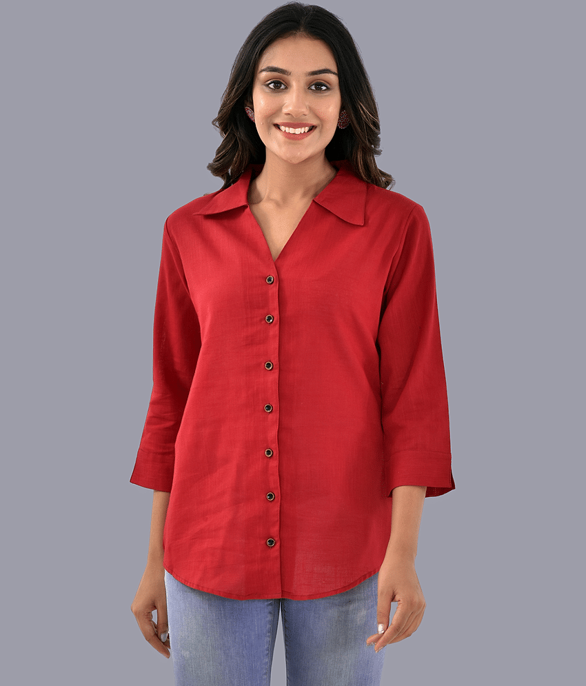 QuaClo Women Solid Cotton Shirt ( Maroon )