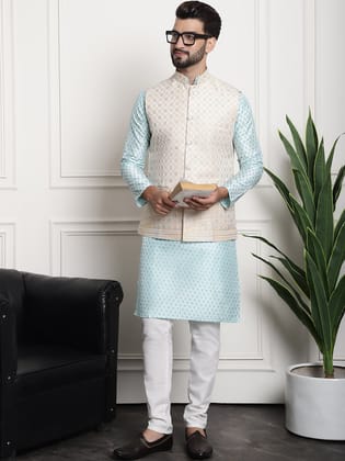 Men's Silk Blend Sky Blue Kurta and Off-White Pyjama With Cream Nehru Jacket-36