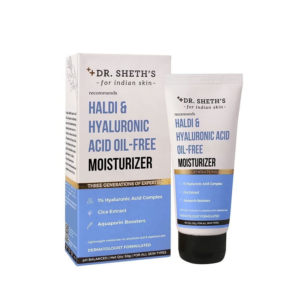 Dr. Sheth's Haldi & Hyaluronic Acid Oil-Free Moisturizer | Lightweight Moisturiser | Rehydrates Dull Skin | With 1% Hyaluronic Acid, Cica Extract & Aquaporin Boosters | For Women & Men | 50G Dr. Sheth's Haldi & Hyaluronic Acid Oil-Free Moisturizer | Ligh