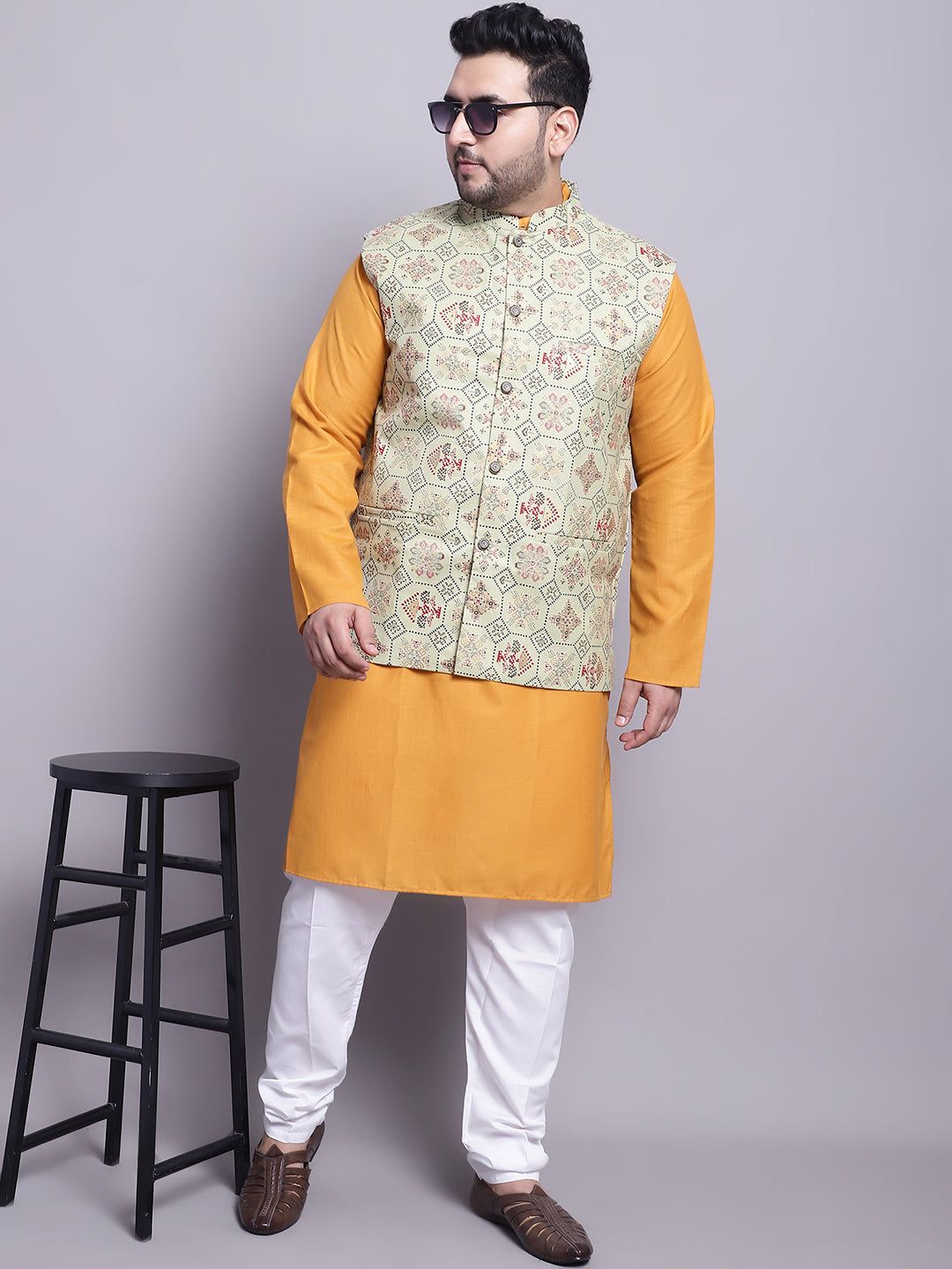 Men's Cotton Blend Mustard Kurta & PGreen Printed Nehrujacket With White Pyjama-44
