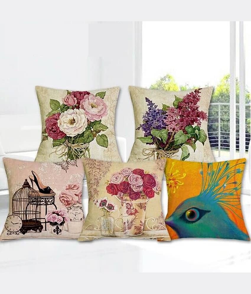 Home Solution Set of 5 Jute Floral Printed Square Cushion Cover (40X40)cm - Multi