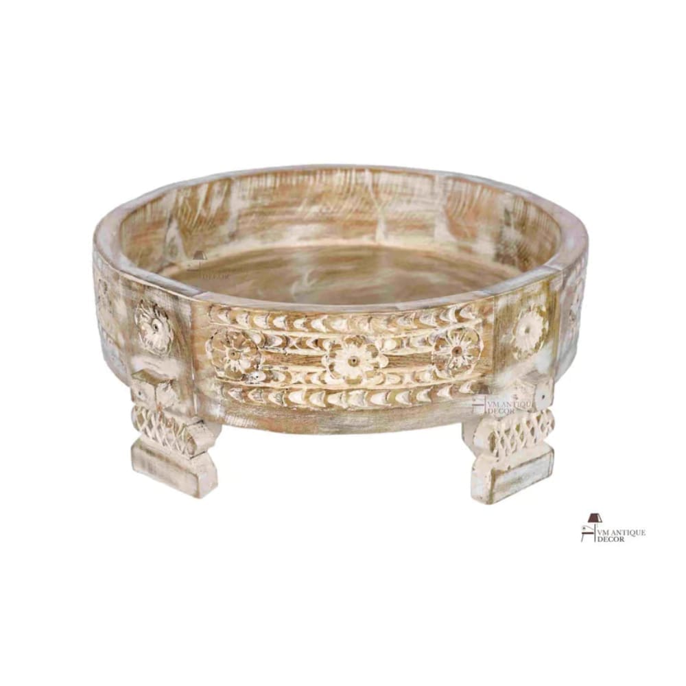 Amazing Wooden Round Indian Carving Bowl | Unique Chakki Stool with Storage
