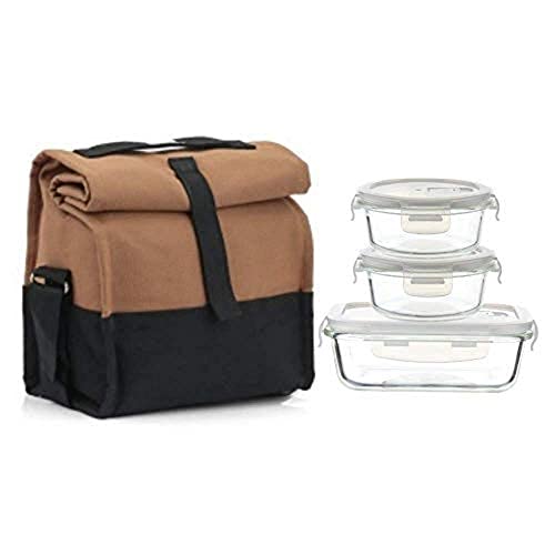 Femora Borosilicate Glass Container Camel Black Lunch Box- Set of 3 (Rectangle 620-1 Pcs + Round 380-2pcs)
