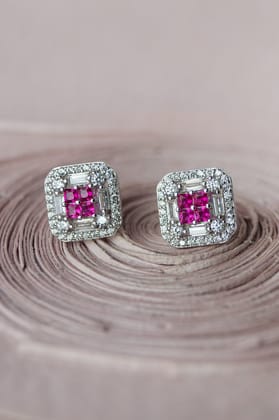 Vibrant Square Colorstone Statement Sterling Silver Stud Earrings - Red-Silver