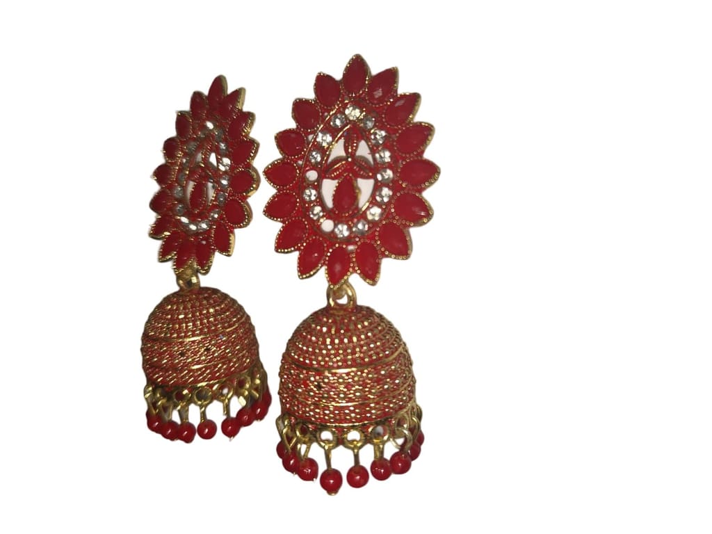 Red and gold jhumka earrings with intricate detailing