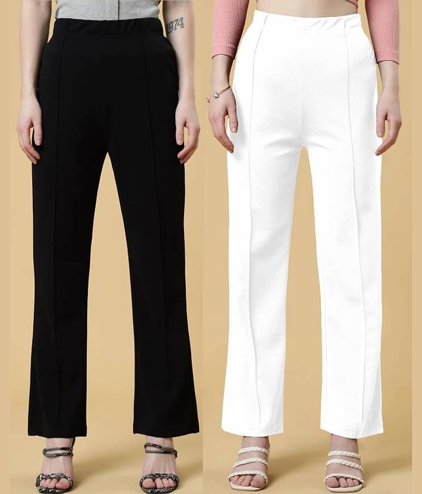 Qyaas Pack of 2 Lycra Bootcut Women's Formal Pants ( Black,White )