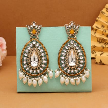 Yellow Color Kundan Earrings (KDE1033YLW)-Default Title / yellow / Alloy with Good Quality Mehendi Gold Plated