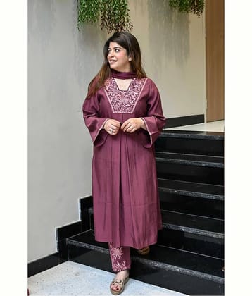 Mahek Fashion Women Silk Blend Embroidered A-line Kurti With Pants ( Brown )