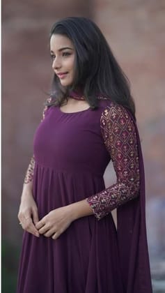 Women's Georgette Embroidery 3-4th Sleeve Round Neck Kurti with Dupatta Set (Wine, M)-PID61831